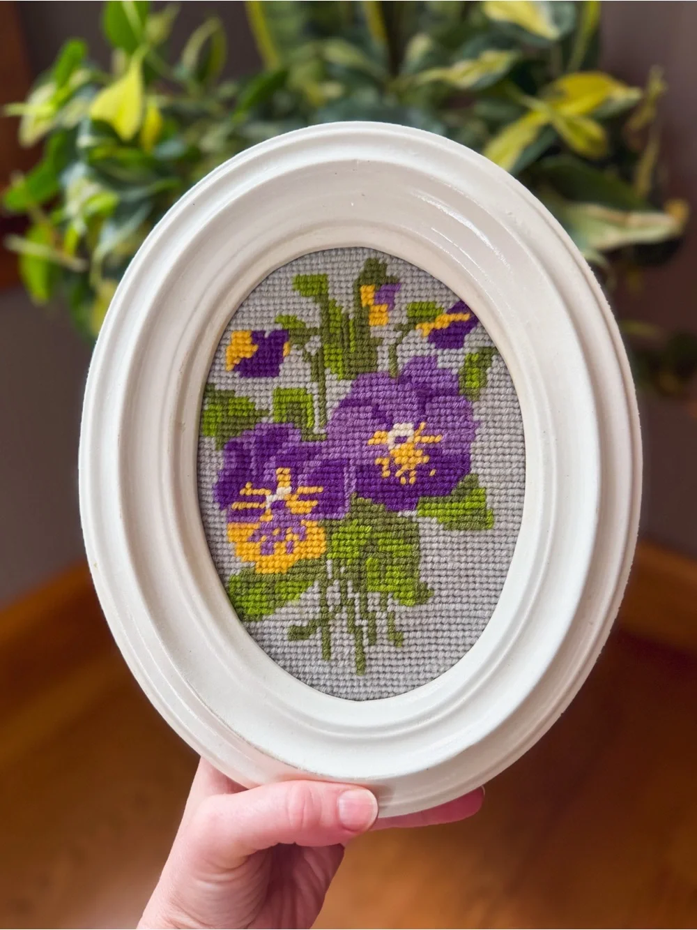 Framed Vintage Needlepoint Pansy Floral Art in Purple and Yellow